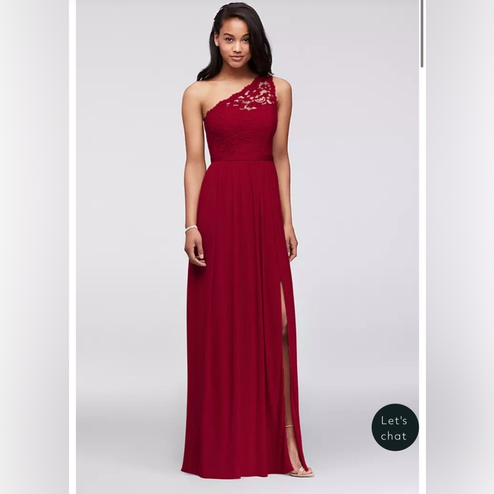 David’s Bridal: One shoulder, lace, Bridesmaid Dress. Color: Apple. Size 6.